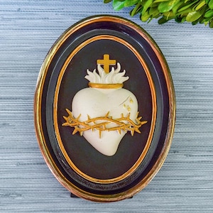 Framed Plaster Sacred Heart of Jesus: Gilt Accents, Tabletop or Wall Art