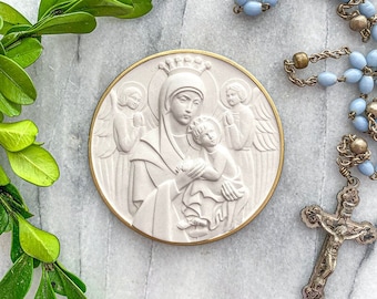 Our Lady of Perpetual Help Intaglio: Virgin Mary and Baby Jesus Plaster Medallion
