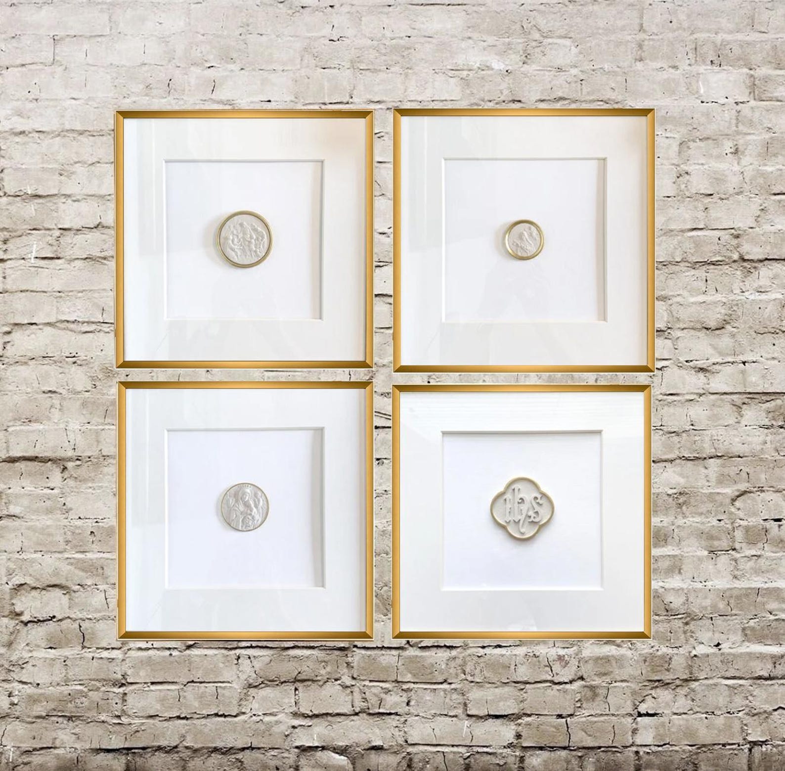 Framed Intaglios, Set of Four, Framed and Matted, Religious, Intaglio Art, Catholic - WITH GOLD EDGE