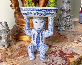 Blue and White Chinoiserie Monkey Holding Bowl, Monkey Dish, Chinese Monkey Figurine, Chinoiserie Decor, 1980's, Porcelain