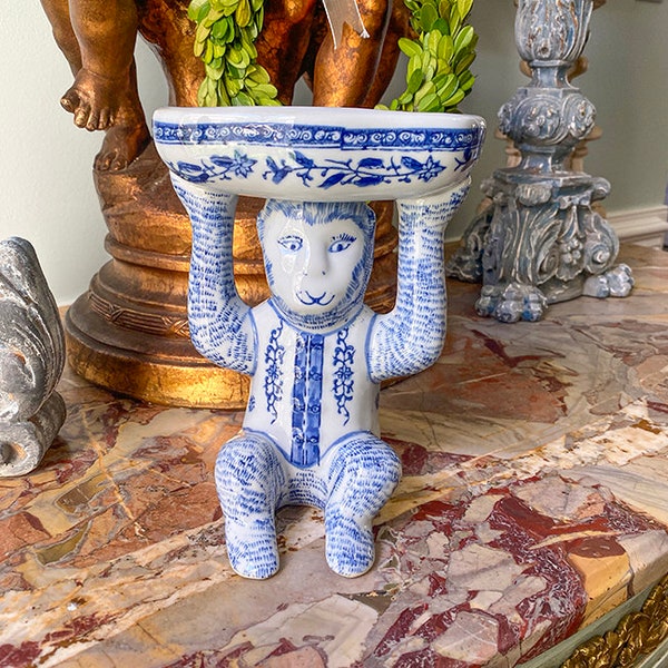 Blue and White Chinoiserie Monkey Holding Bowl, Monkey Dish, Chinese Monkey Figurine, Chinoiserie Decor, 1980's, Porcelain