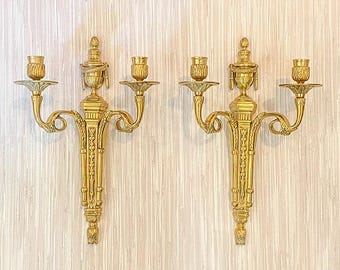 Vintage Pr French Style Wall Sconces, Two Arm, Wall Sconce, Brass, Mid Century