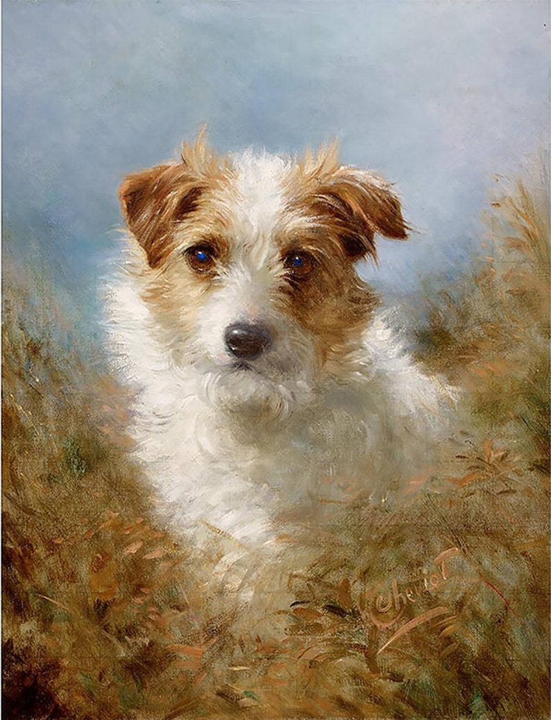 Puede incluir: Una pintura de un perro blanco y marr&oacute;n con ojos azules. El perro est&aacute; mirando directamente al espectador y est&aacute; sentado en un campo de hierba alta. El fondo es de un azul suave.