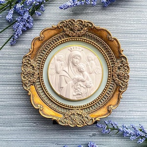Framed Intaglio, Our Lady of Perpetual Help, Religious, Aqua, Plaster, Catholic, Christianity