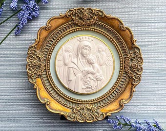 Grabado enmarcado, Nuestra Señora del Perpetuo Socorro, Religioso, Aguamarina, Yeso, Católico, Cristianismo