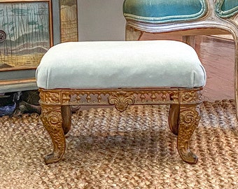 Antique French Foot Stool, Cast Iron Base, Quatrefoil and Fleur De Lis Design, Velvet Upholstery