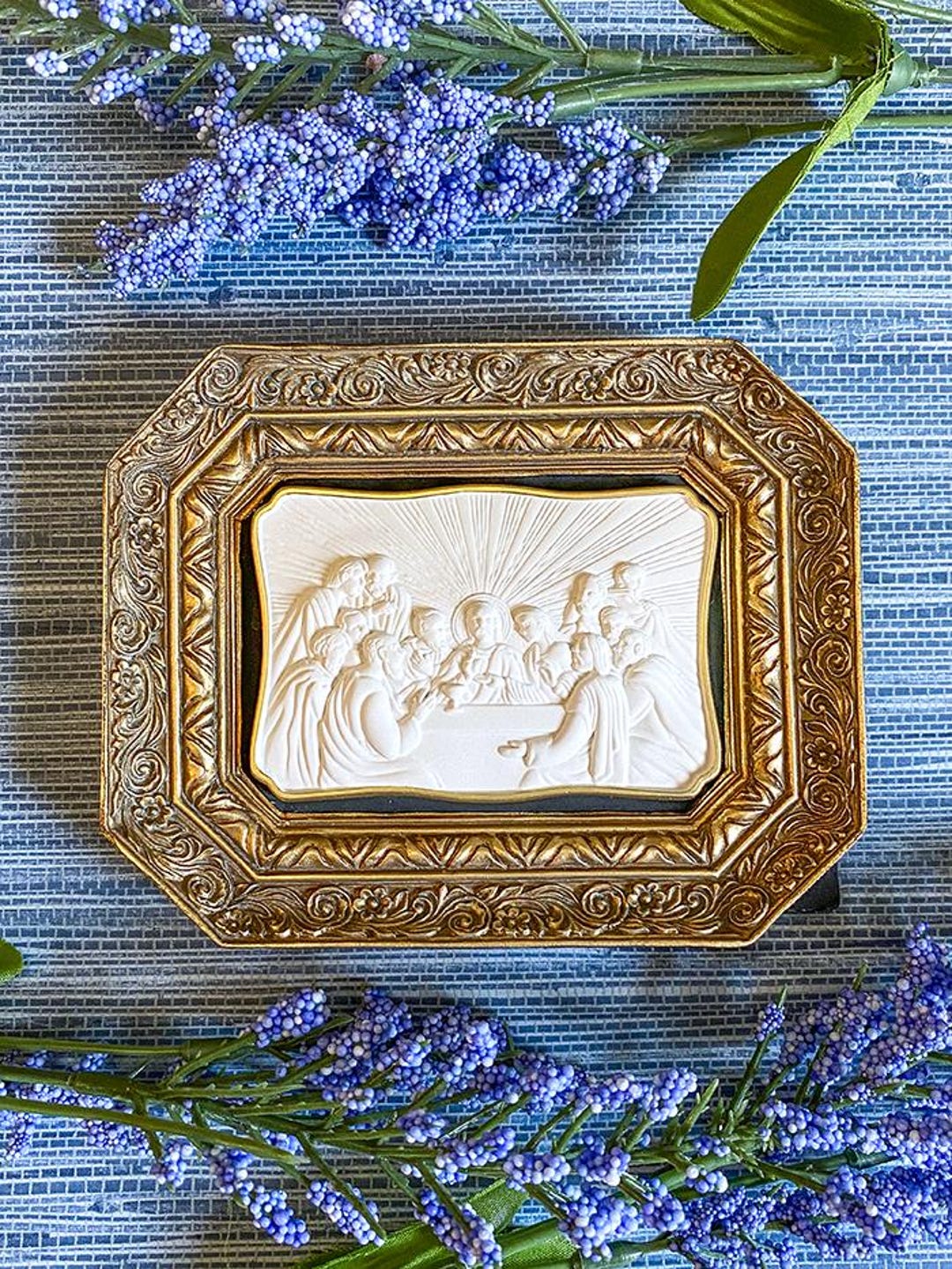 Framed Intaglio, The Last Supper, Religious, Plaster, Catholic, Christianity