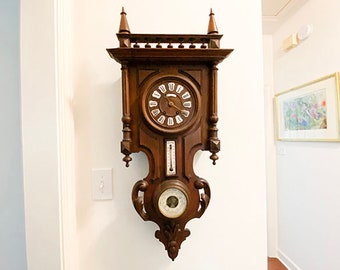 Antique FRENCH Barometer Clock, Walnut, Thermometer, Wall Clock, 1870