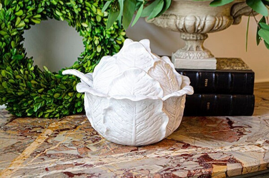 Lg Vintage Majolica Cabbage Tureen With Ladle White Etsy