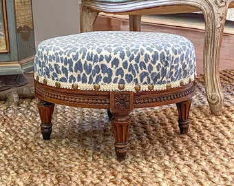 Antique Louis XVI Foot Stool, French, Carved Walnut Wood, Cut Velvet Upholstery, Blue, Nailhead Trim, 19th Century
