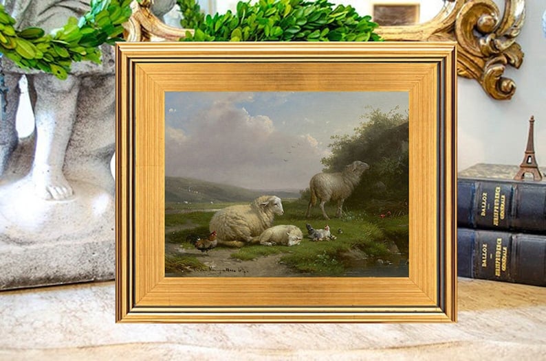 Beautiful Sheep in Pasture Landscape Oil Painting Print on Canvas, Cornelius van Leemputten image 1