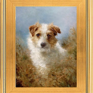 Puede incluir: Una pintura enmarcada de un perro blanco y marr&oacute;n con ojos marrones, sentado en un campo de hierba alta. El perro est&aacute; mirando directamente al espectador.