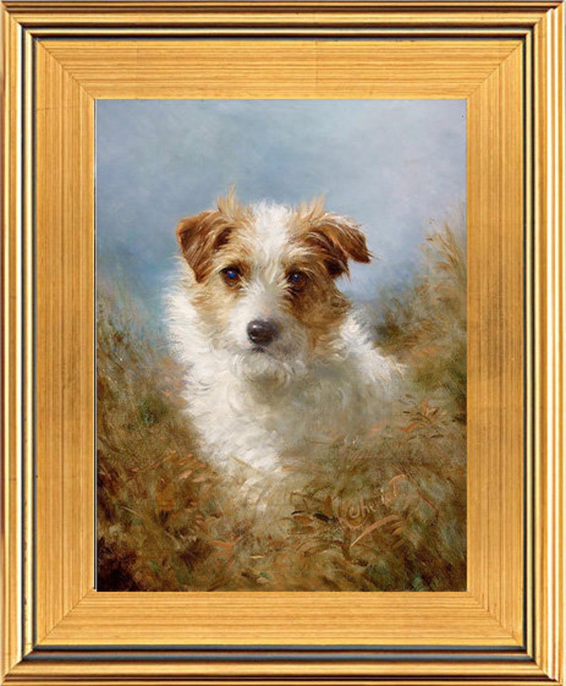 Puede incluir: Una pintura enmarcada de un perro blanco y marr&oacute;n con ojos marrones, sentado en un campo de hierba alta. El perro est&aacute; mirando directamente al espectador.