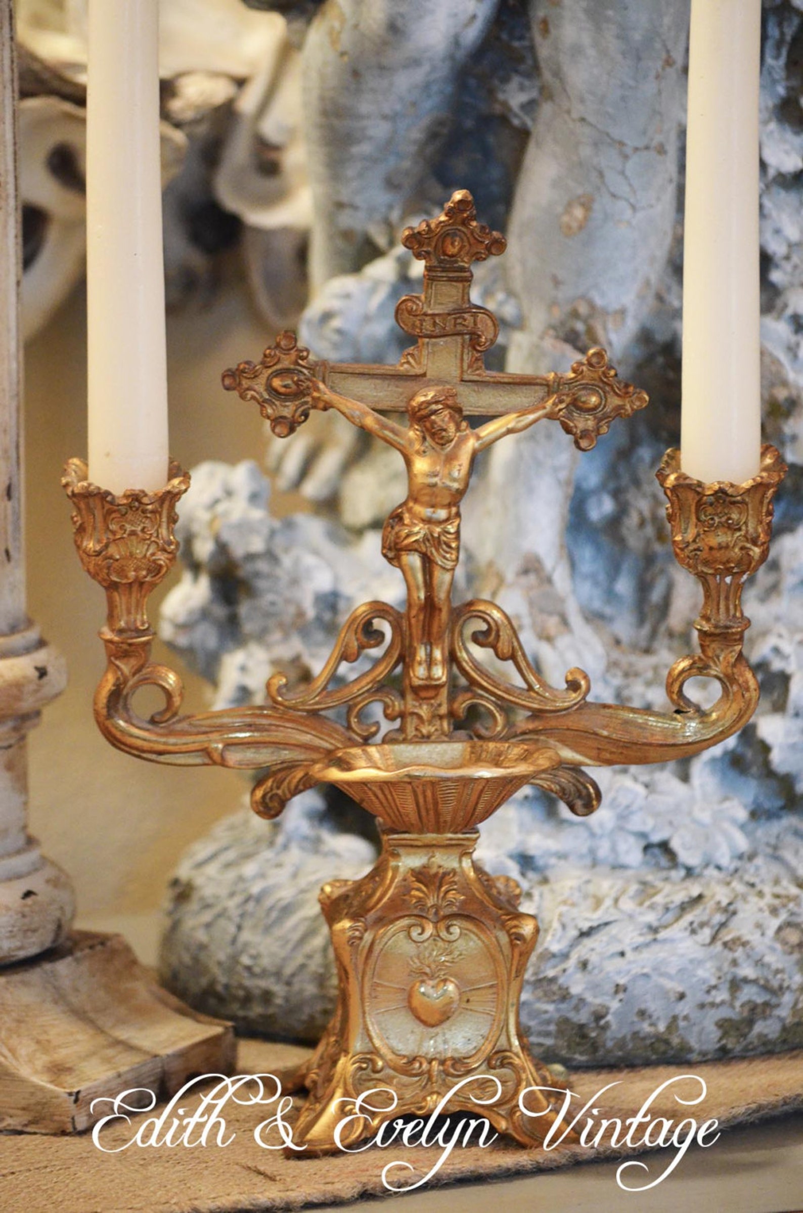 Antique Holy Water Font Candelabra Crucifix Candle Holder Etsy