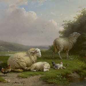 Beautiful Sheep in Pasture Landscape Oil Painting Print on Canvas, Cornelius van Leemputten image 3