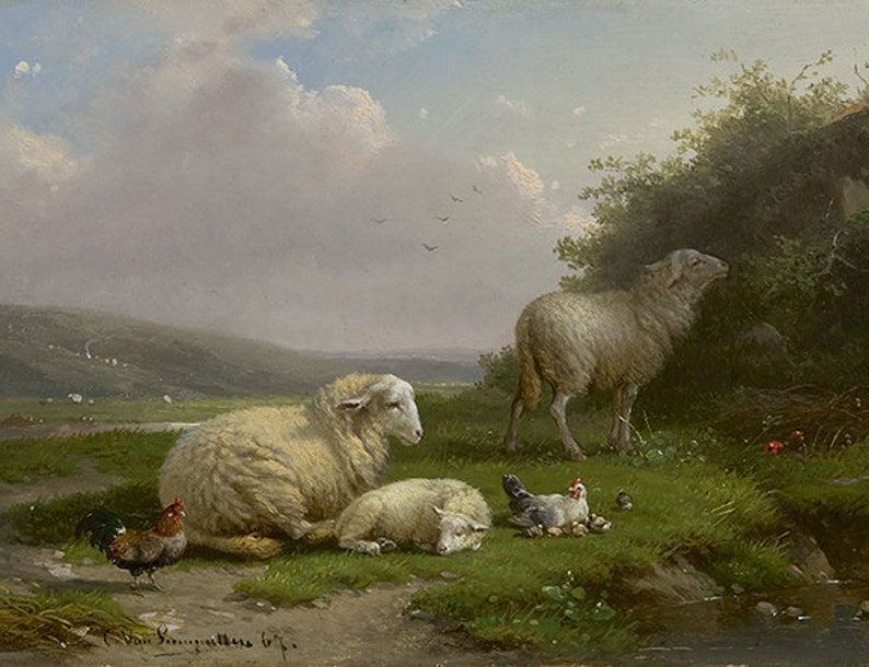 Beautiful Sheep in Pasture Landscape Oil Painting Print on Canvas, Cornelius van Leemputten image 3