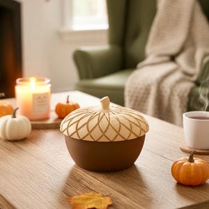 Puede incluir: Un recipiente decorativo en forma de bellota con tapa marrón claro y base marrón oscuro sobre una mesa de madera. Pequeñas calabazas, una vela y una taza de té también están sobre la mesa.