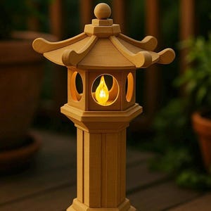 Könnte beinhalten: Eine japanische Pagodenlaterne aus Holz mit einem warmen, leuchtenden Licht im Inneren. Die Laterne hat ein mehrstöckiges Dach und einen säulenartigen Sockel. Die Laterne ist aus hellbraunem Holz gefertigt und steht im Freien.