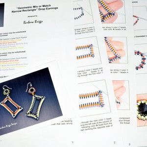Puede incluir: Instrucciones para hacer un par de pendientes de cuentas geométricas. Los pendientes están hechos con una mezcla de cuentas naranjas, amarillas y azules. Las instrucciones incluyen una lista de los materiales y herramientas necesarios, así como instrucciones paso a paso con imágenes.