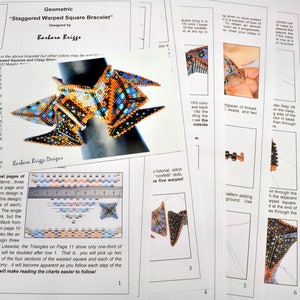 May include: A close-up of a colourful beaded bracelet with a geometric design. The bracelet is made with a variety of colours, including blue, orange, and yellow. The bracelet is called "Staggered Warped Square Bracelet" and is designed by Barbara Briggs.