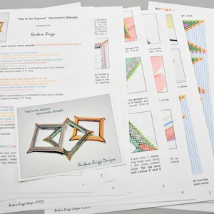 May include: Printed instructions for a geometric bangle, designed by Barbara Briggs. The documents show diagrams and colour charts, with the title "Hip to be Square" visible. The instructions include bead colours and sizes, with measurements in cm.