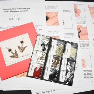 May include: A kit for making geometric warped square arrow drop earrings. The kit includes instructions, beads in various colors, and a clear plastic bag with six compartments containing different bead colors.