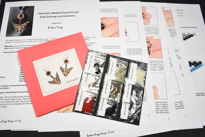 May include: A kit for making geometric warped square arrow drop earrings. The kit includes instructions, beads in various colors, and a clear plastic bag with six compartments containing different bead colors.