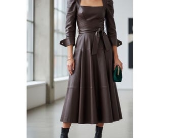 Handmade Lambskin Leather Dress: Victorian Style A-Line Ankle Length