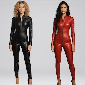 Handmade Genuine Leather Jumpsuit | Women's Long Sleeve Bodycon Catsuit | Custom Made image 3