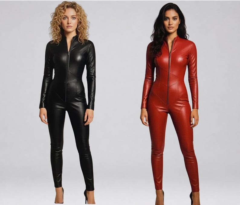 Handmade Genuine Leather Jumpsuit | Women's Long Sleeve Bodycon Catsuit | Custom Made image 3