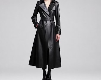 Handmade Women's Black Leather Trench Coat | Custom Fit