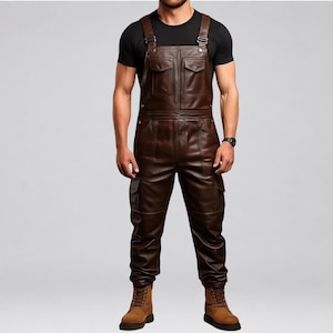 Handmade Brown Leather Overalls | Men Cargo Pocket Biker Jumpsuit
