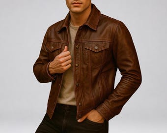 Handmade Brown Sheepskin Leather Trucker Jacket | Vintage Biker Style