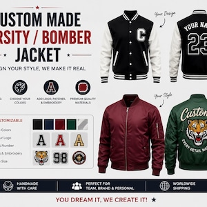 May include: Customizable varsity and bomber jackets featuring black and white letterman styles with 'YOUR NAME' and '23' on the back, and a maroon or green bomber jacket with a tiger graphic and 'Custom' text on the back, plus customization options.
