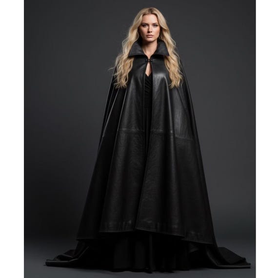 Women Handmade Black Leather Cloak – Gothic Vampire Cosplay Cape