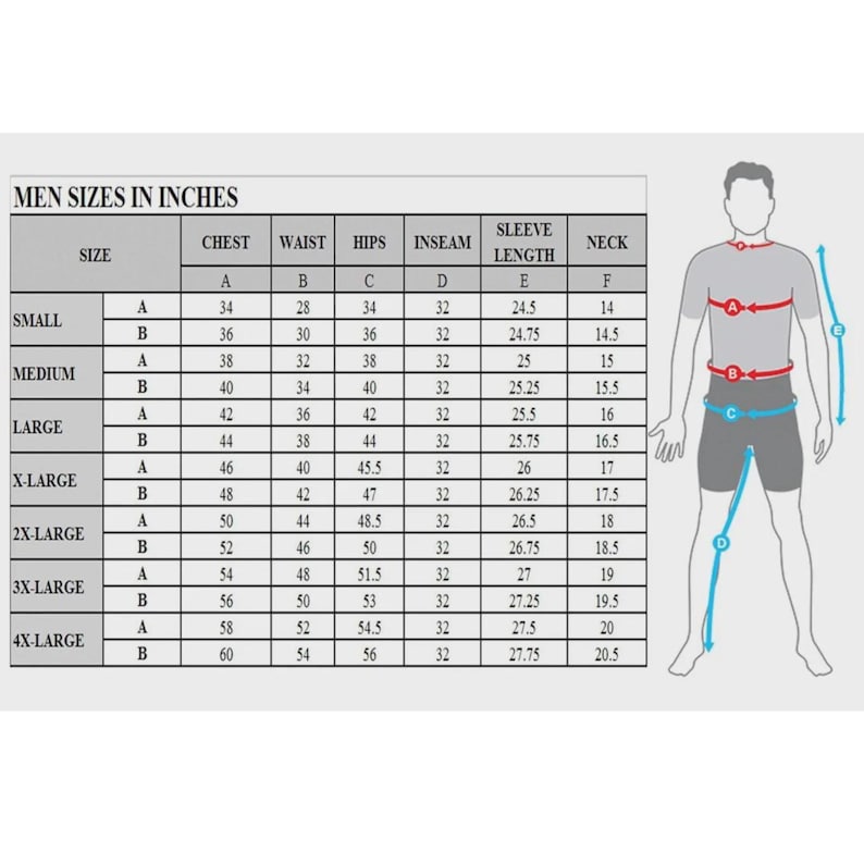 May include: A chart titled "MEN SIZES IN INCHES" with size measurements for chest, waist, hips, inseam, sleeve length, and neck. A diagram of a person is on the right, with measurement lines indicating where to measure.