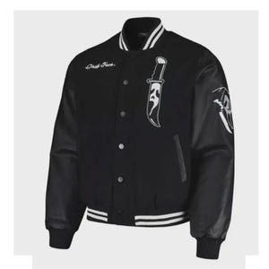 May include: Black varsity jacket with black leather sleeves, white trim, and a button-up front. Features a white Ghost Face knife graphic and the text "Ghost Face" in white script. A white Ghost Face graphic is on the sleeve.