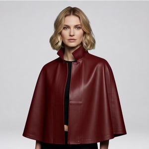 Women’s Leather Cape | Handmade Sheepskin Poncho Coat | Luxury Satin-Lined Cloak with Button Closure