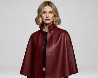 Women’s Leather Cape | Handmade Sheepskin Poncho Coat | Luxury Satin-Lined Cloak with Button Closure