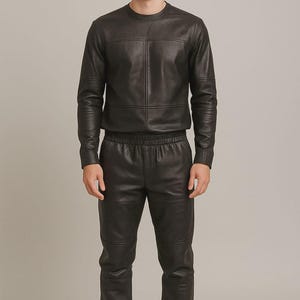 Handmade Leather Jogger Set: Men's Black Leather Top & Pants