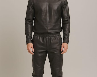 Handmade Leather Jogger Set: Men's Black Leather Top & Pants