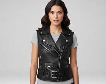 Black Leather Biker Vest | Women's Sleeveless Moto Jacket