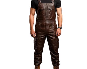 Handmade Brown Leather Overalls: Men’s Cargo Pocket Biker Jumpsuit