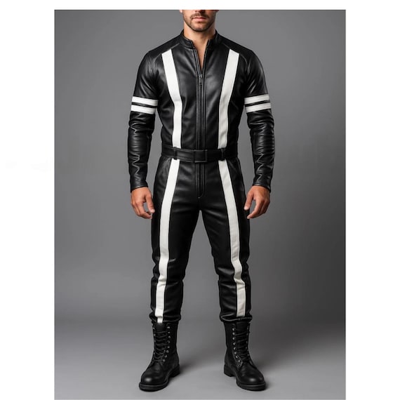 Handmade Sheep Leather Motorcycle Jumpsuit: Black & White Racing Suit