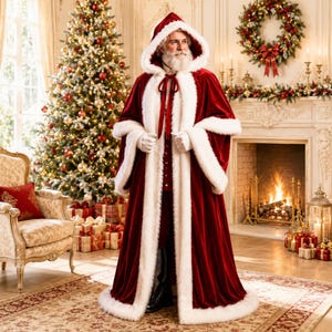 May include: A floor-length, deep red velvet cloak featuring a thick white faux fur trim along the hood, front opening, and sleeve cuffs. The garment includes a matching red velvet tie closure at the neck and is worn with white gloves.
