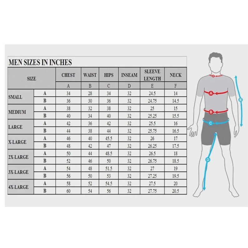 Pu&ograve; includere: Una tabella intitolata "TAGLIE UOMO IN POLLICI" con misure per petto, vita, fianchi, interno gamba, lunghezza manica e collo. Le taglie vanno da Small a 4X-Large, con misure in pollici. Un diagramma di una persona illustra dove misurare.
