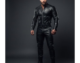 May include: A black leather jumpsuit featuring a zip-up front, belt, and ribbed detailing on the shoulders and sleeves. The outfit includes matching leather trousers and is paired with black boots. The overall style is sleek and modern.