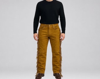 Pantalones vaqueros de ante con flecos para hombre / Hechos a mano al estilo rodeo del Oeste