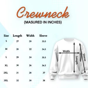May include: White crewneck sweatshirt with size chart. The chart shows measurements in inches for length, width, and sleeve for sizes S to 3XL. The text "Crewneck" is in orange script.