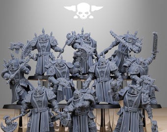 May include: A collection of gray miniature figurines of armored warriors, each holding a weapon. The figurines are arranged on a clear display stand. The text "STATIONFORGE" and a skull logo are at the top.